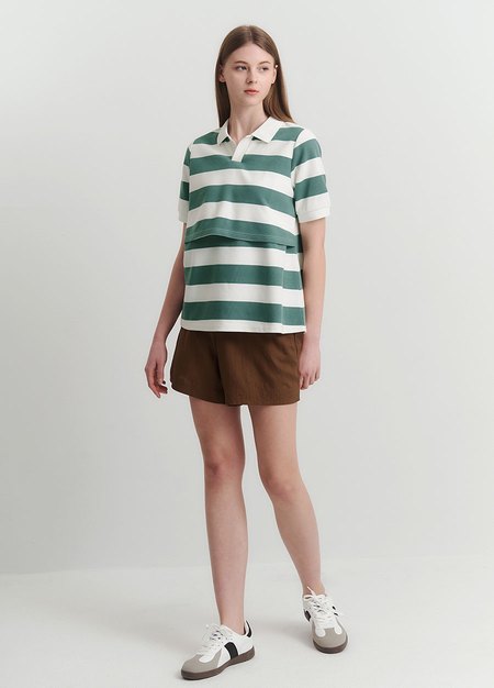 V領翻領橫紋孕哺上衣-淺綠3