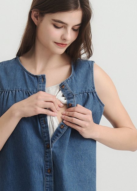 水洗牛仔無袖抽縐孕哺上衣-藍色2