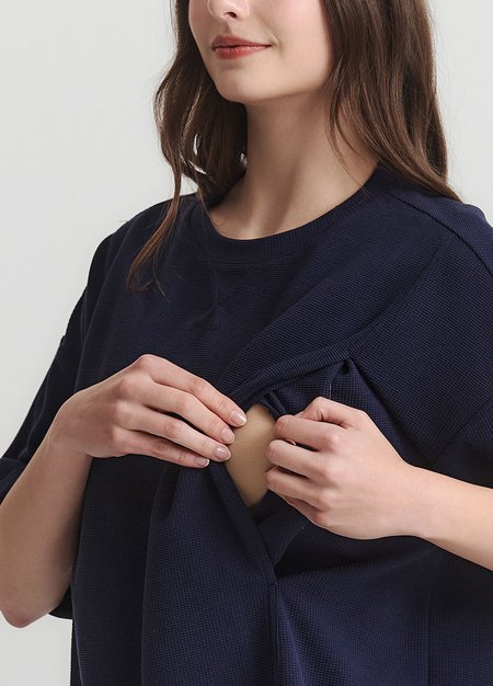 華夫格休閒寬版孕哺上衣-深藍2