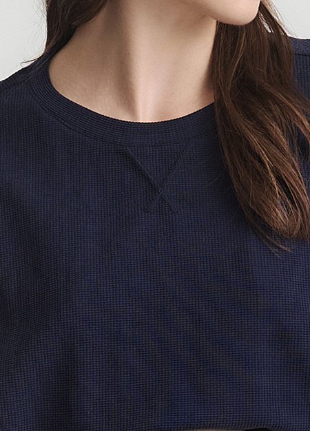 華夫格休閒寬版孕哺上衣-深藍4