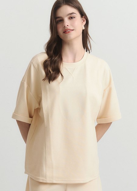 華夫格休閒寬版孕哺上衣-米色1