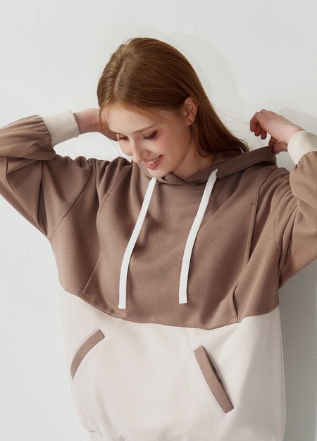 撞色拼接連帽孕哺上衣-灰褐2