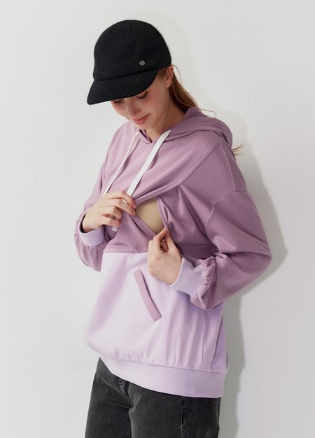 撞色拼接連帽孕哺上衣-藕紫4