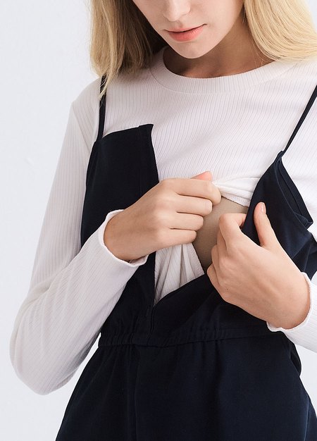 假兩件式細肩帶孕哺洋裝-深藍2