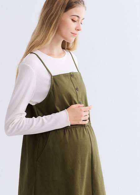 假兩件式細肩帶孕哺洋裝-橄綠1