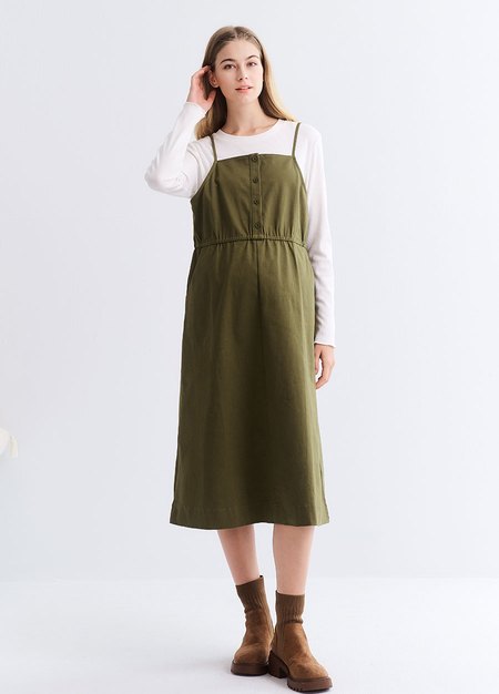 假兩件式細肩帶孕哺洋裝-橄綠3