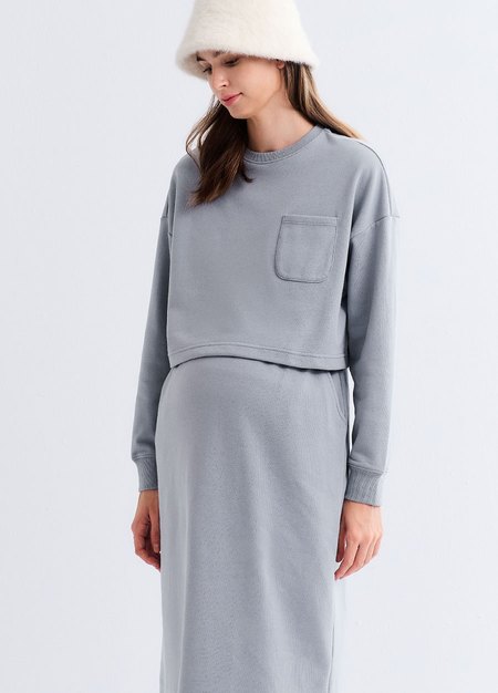 假兩件式+開衩裙孕哺套裝-灰藍4