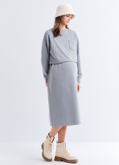 假兩件式+開衩裙孕哺套裝-灰藍3