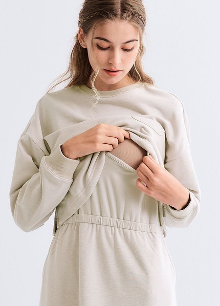 假兩件式+開衩裙孕哺套裝-米色2