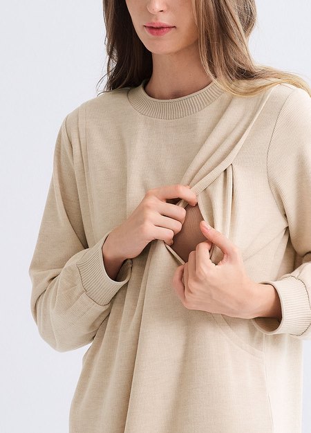 柔軟針織孕哺連身裙-米色2