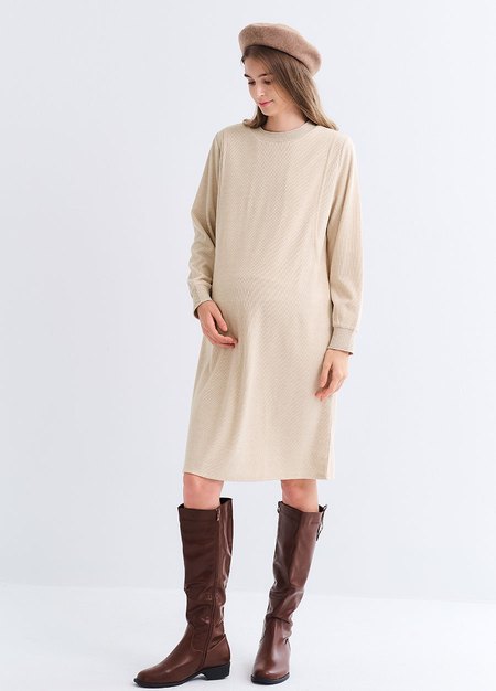 柔軟針織孕哺連身裙-米色3