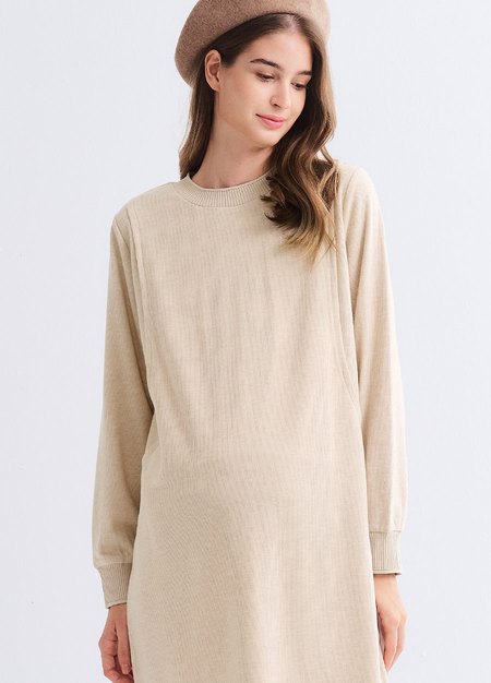 柔軟針織孕哺連身裙-米色4