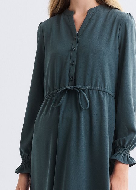 小立領半開襟腰繫帶孕哺洋裝-藍綠4