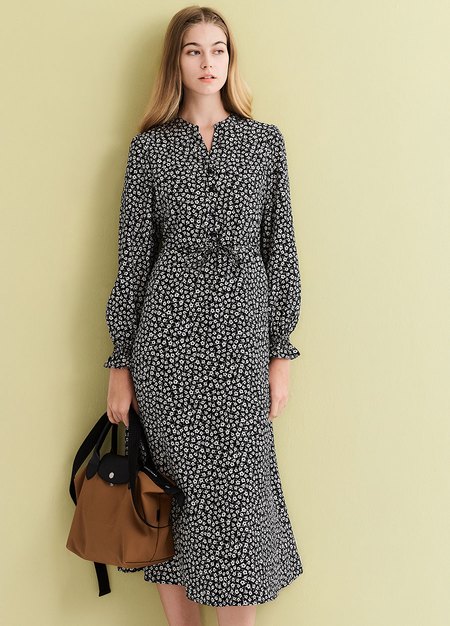 小立領半開襟腰繫帶孕哺洋裝-黑色1