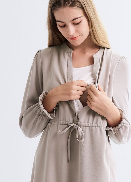 小立領半開襟腰繫帶孕哺洋裝-淺灰2