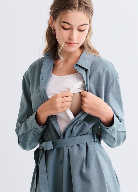 素雅襯衫綁帶孕哺洋裝(兩穿)-灰藍2