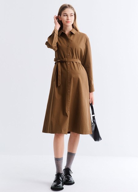 素雅襯衫綁帶孕哺洋裝(兩穿)-咖啡1