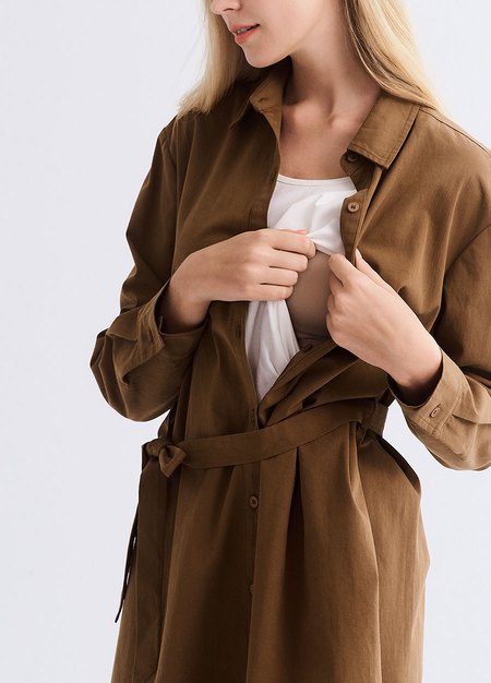 素雅襯衫綁帶孕哺洋裝(兩穿)-咖啡2