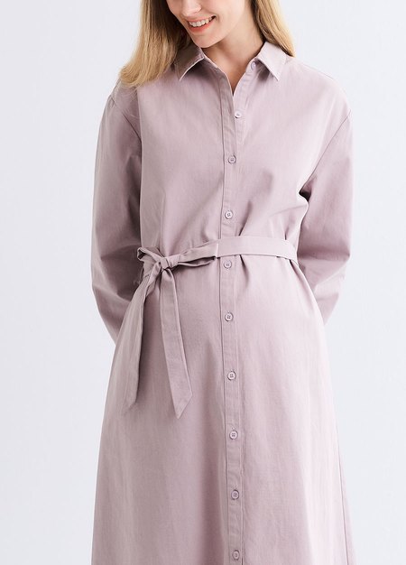 素雅襯衫綁帶孕哺洋裝(兩穿)-粉紫1