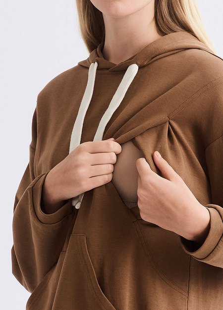 棉質寬鬆連帽孕哺洋裝-駝色2