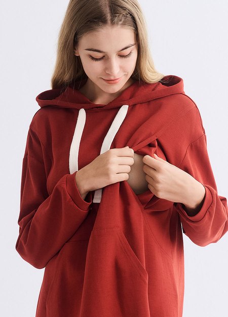 棉質寬鬆連帽孕哺洋裝-磚紅2