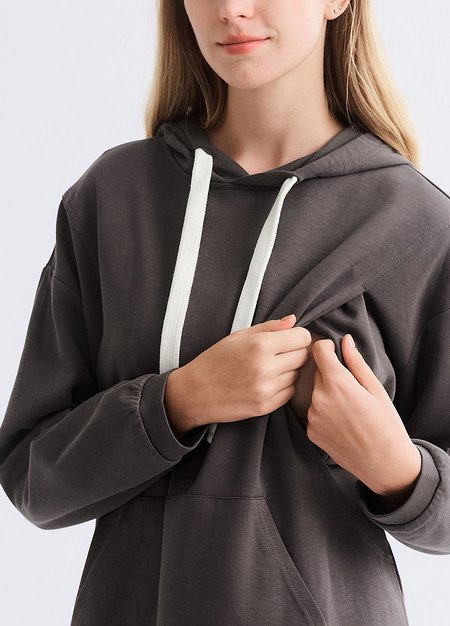 棉質寬鬆連帽孕哺洋裝-深灰2