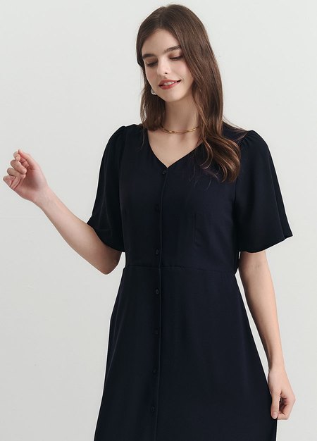 優雅V領荷葉袖孕哺洋裝-深藍1