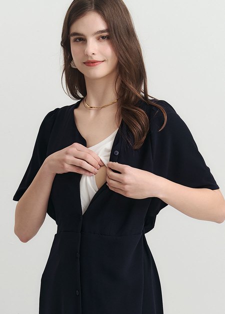 優雅V領荷葉袖孕哺洋裝-深藍2