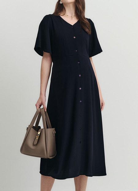 優雅V領荷葉袖孕哺洋裝-深藍4