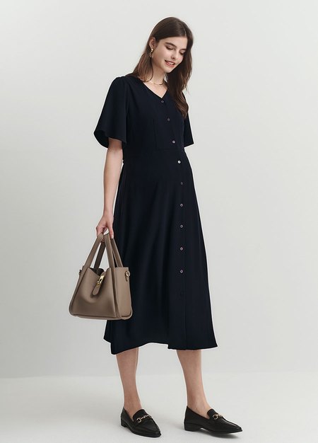 優雅V領荷葉袖孕哺洋裝-深藍3