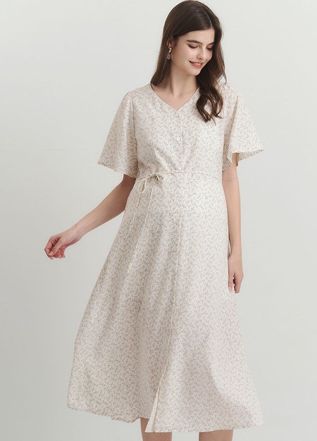 優雅V領荷葉袖孕哺洋裝-米色4