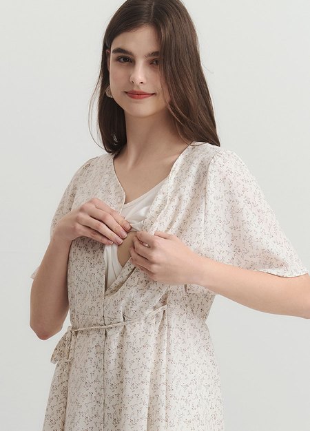 優雅V領荷葉袖孕哺洋裝-米色2