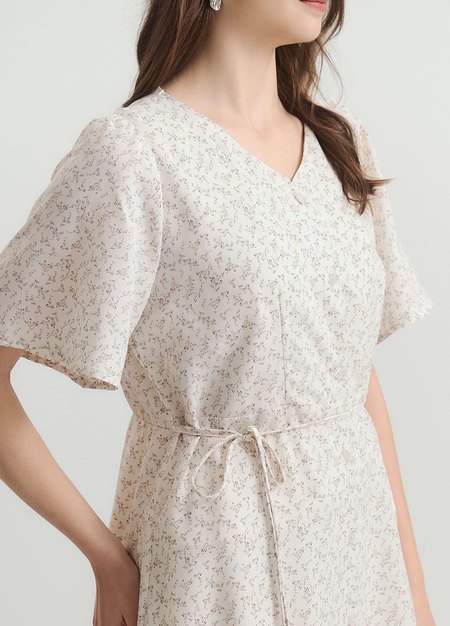 優雅V領荷葉袖孕哺洋裝-米色1