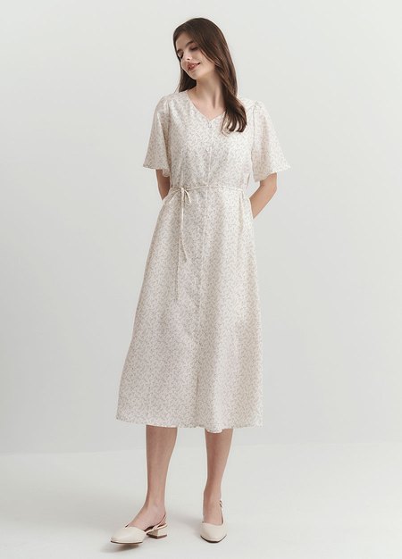 優雅V領荷葉袖孕哺洋裝-米色3