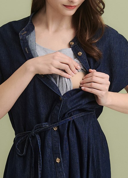 水洗牛仔襯衫孕哺洋裝(兩穿)-深藍2