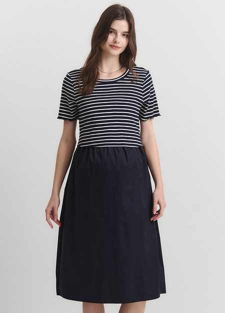 橫紋拼接假兩件孕哺洋裝-深藍3