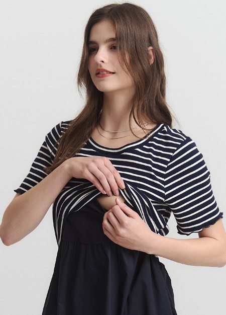 橫紋拼接假兩件孕哺洋裝-深藍2