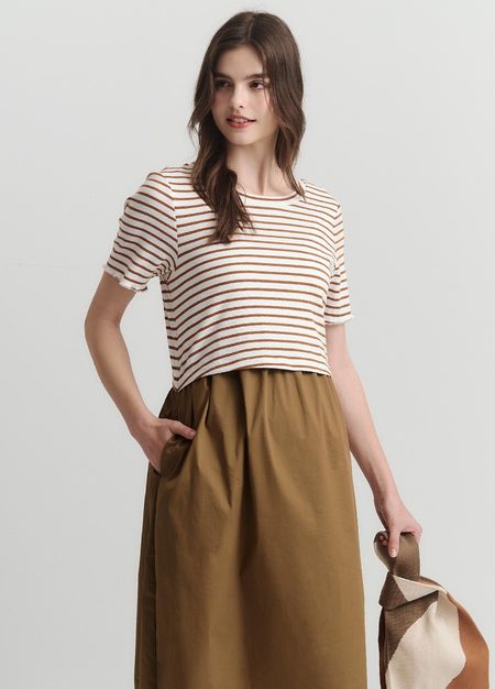 橫紋拼接假兩件孕哺洋裝-駝色3