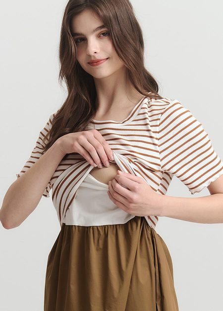 橫紋拼接假兩件孕哺洋裝-駝色2