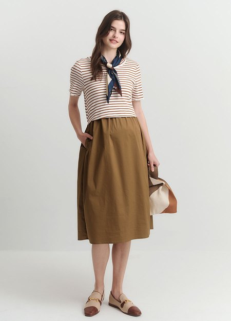 橫紋拼接假兩件孕哺洋裝-駝色1