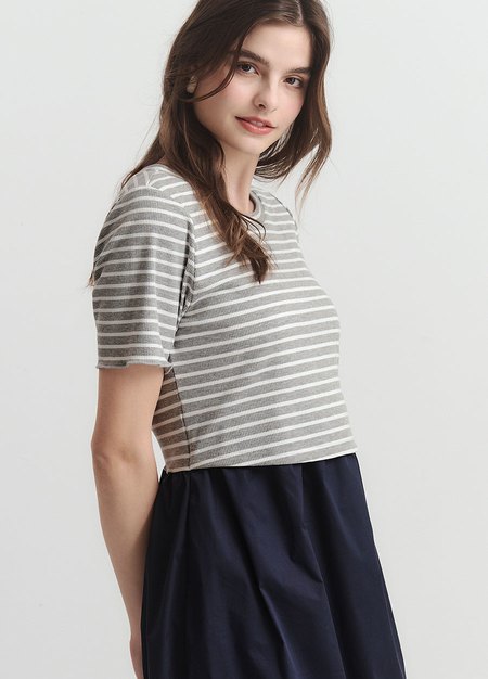 橫紋拼接假兩件孕哺洋裝-淺灰1