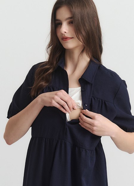 襯衫領蛋糕裙孕哺洋裝-深藍2
