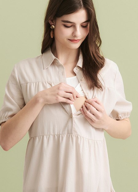 襯衫領蛋糕裙孕哺洋裝-米色2