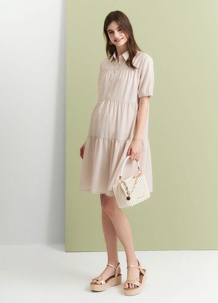 襯衫領蛋糕裙孕哺洋裝-米色3