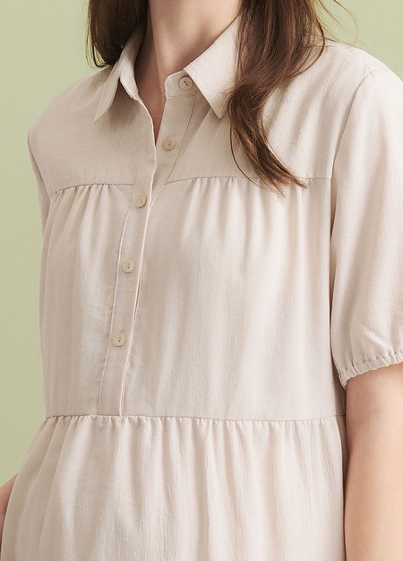 襯衫領蛋糕裙孕哺洋裝-米色1