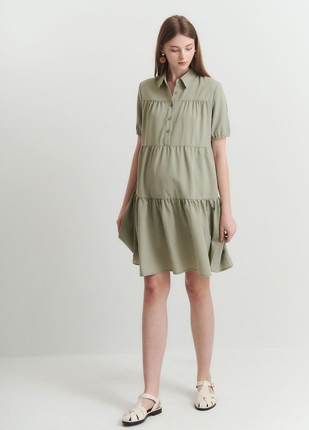 襯衫領蛋糕裙孕哺洋裝-淺綠1