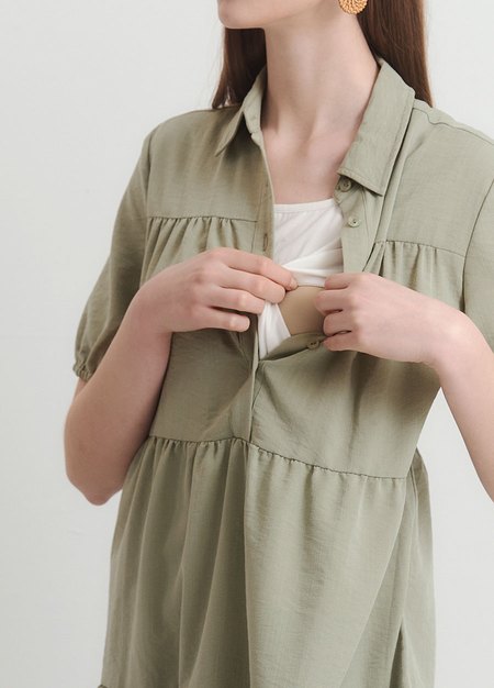 襯衫領蛋糕裙孕哺洋裝-淺綠2