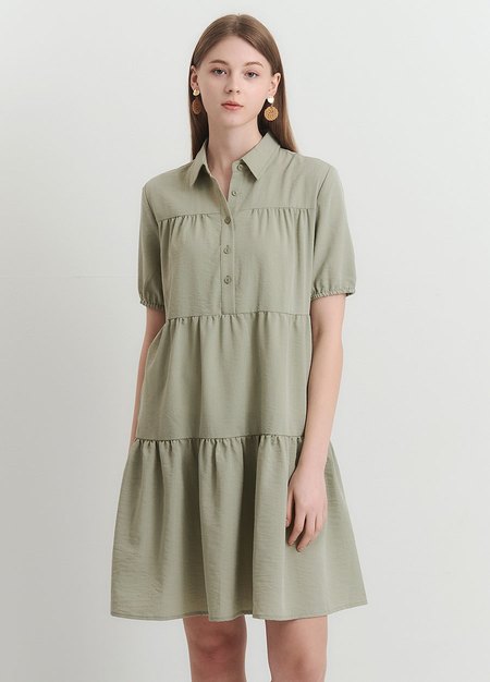 襯衫領蛋糕裙孕哺洋裝-淺綠3