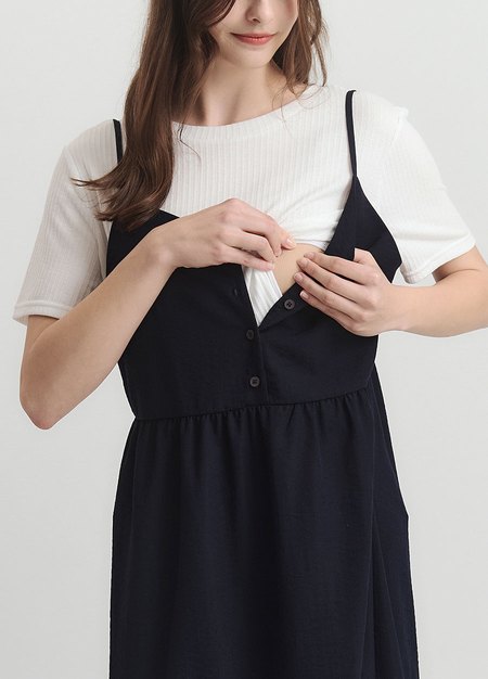 假兩件式細肩帶蛋糕孕哺洋裝-深藍2