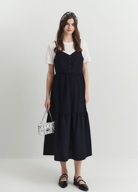 假兩件式細肩帶蛋糕孕哺洋裝-深藍3